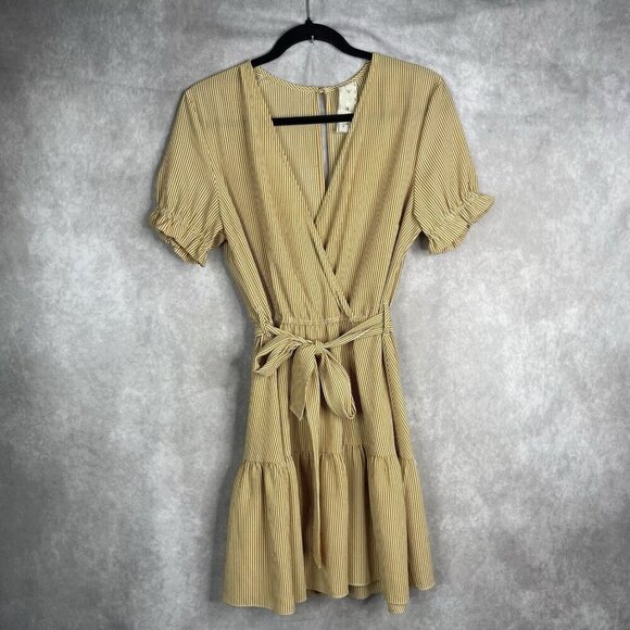 Jen's Pirate Booty Striped Deep V Ruffle Mini Dress In Yellow Women's Size L - Picture 1 of 9